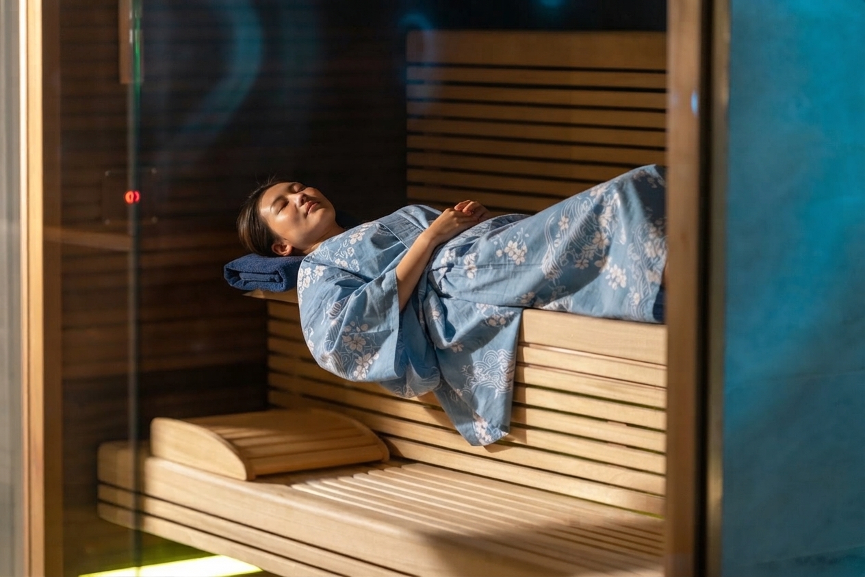 Lady in yakuta lying down on the FIR ceramic hot bed